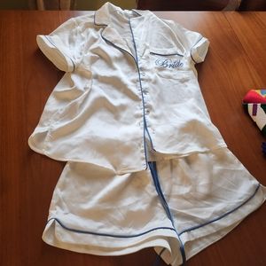 NEW Lulus Miss to Mrs White Embroidered Satin Two-Piece Pajama Set.